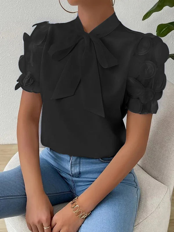 Damen Bluse – Regular Fit – Chiffonoptik – Puffärmel mit Applikationen – Schleifenkragen