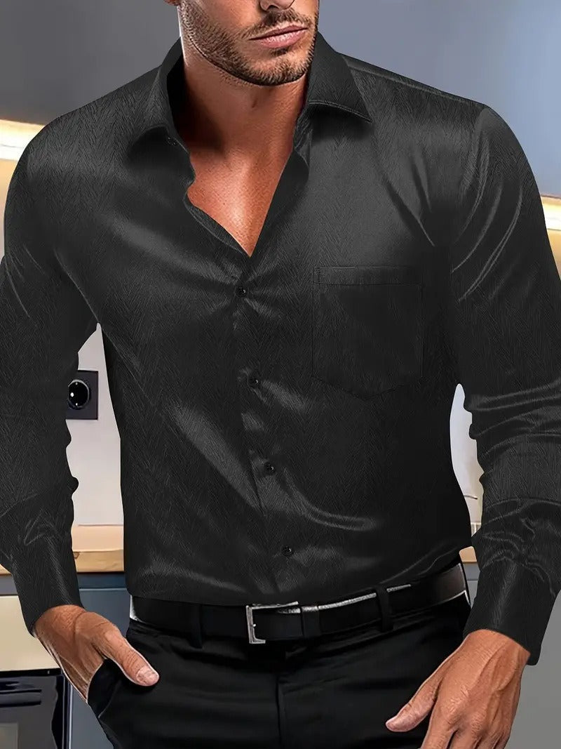 Herren Button-Up Hemd – Slim Fit – Seidiges Finish – Kentkragen – Brusttasche