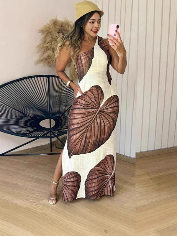 Damen Maxikleid – Slim Fit – Leaf Print – Ärmellos – Hoher Ausschnitt – Schlitz