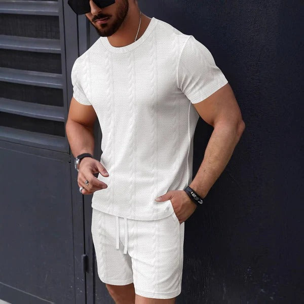 Herren T-Shirt und Shorts Set – Strukturstrick – Regular Fit – Rundhals – Kordelzug