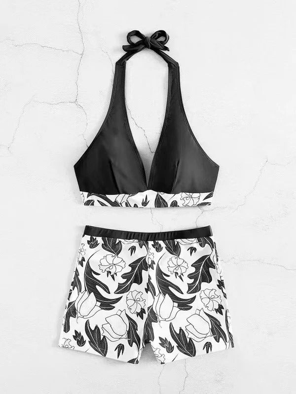Damen Bikini Set – Halter Top – High Waist Shorts – Florales Muster – Stretch Stoff