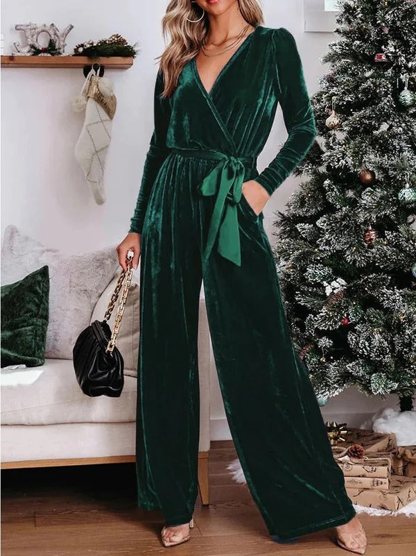 Damen Jumpsuit – Taillierte Passform – Velours – V-Ausschnitt – Langarm – Weites Bein