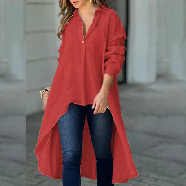 Damen Bluse – Lockerer Schnitt – Lange Ärmel – High-Low Saum – Baumwollmix