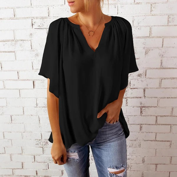 Damen Bluse – Lockerer Schnitt – V-Ausschnitt – Kurzarm – Leicht und Atmungsaktiv