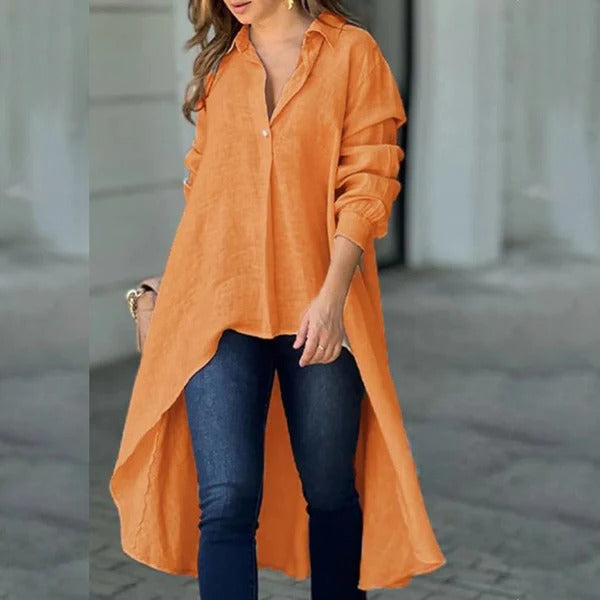 Damen Bluse – Lockerer Schnitt – Lange Ärmel – High-Low Saum – Baumwollmix