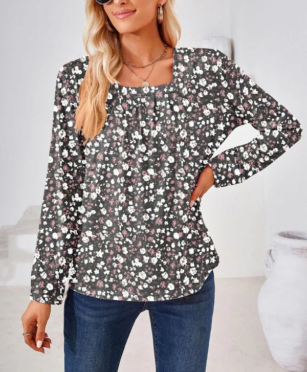 Damen Bluse – Lockerer Schnitt – Florales Paisley Muster – Langarm mit eckigem Ausschnitt