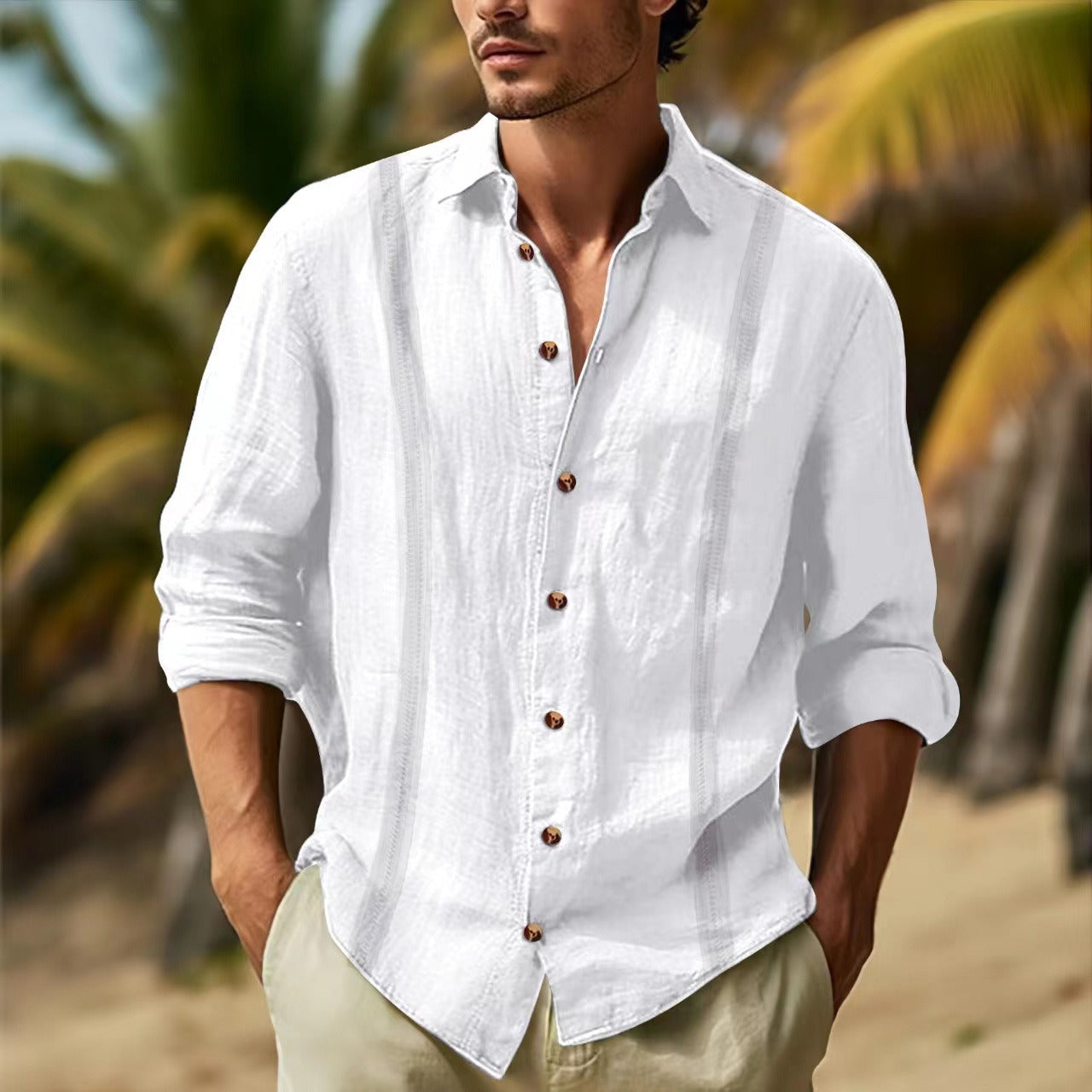 Herren Freizeithemd – Linnen Baumwolle – Relaxed Fit – Langarm Knopfleiste