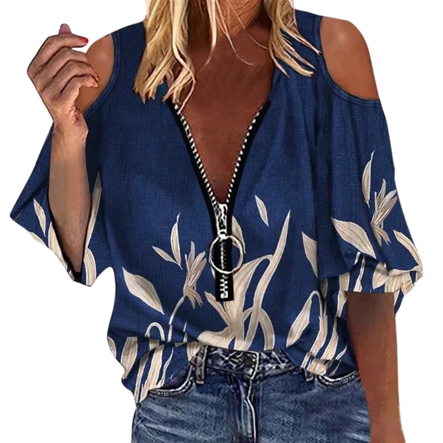 Damen Bluse – Off-Shoulder – Lockerer Schnitt – Zipper vorne – Künstlerischer Print