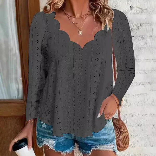 Damen Bluse – Lockere Passform – Florale Stickerei – Scallop-Ausschnitt – Langarm