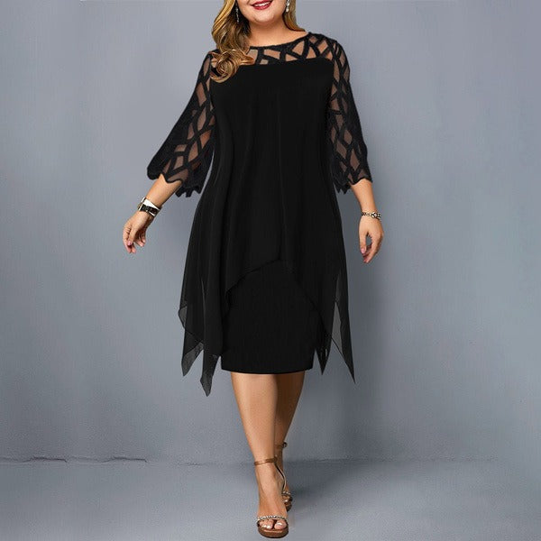 Damen Midikleid – Chiffon – Spitze – Asymmetrischer Saum – 3/4 Arm – Lockerer Schnitt