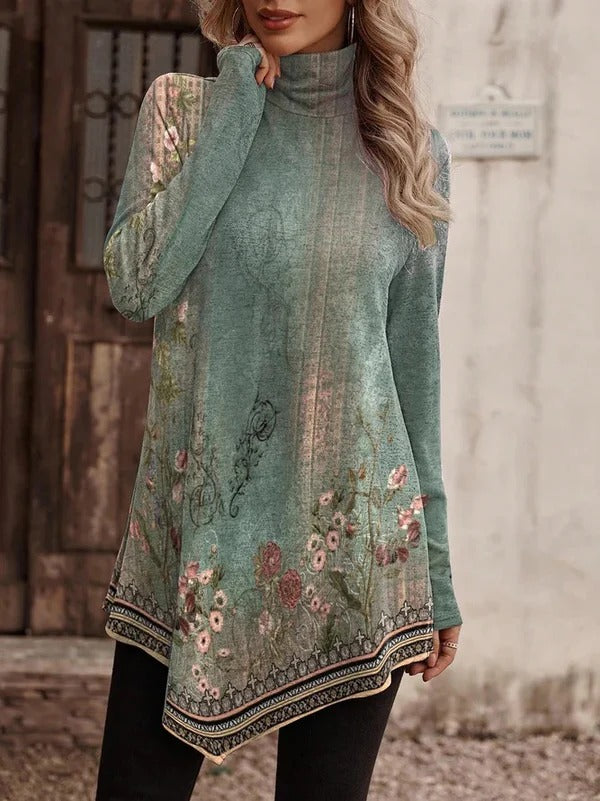 Damen Bluse – Lockerer Schnitt – Stehkragen – Langarm – Atmungsaktiv – Asymmetrischer Saum