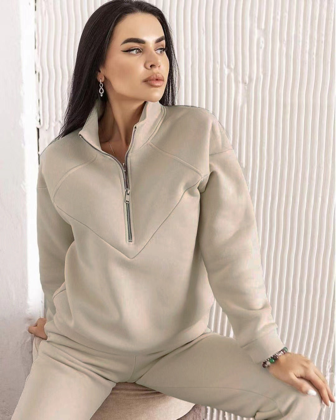 Damen Loungewear Set – Fleecepullover mit Halbreißverschluss – Jogginghose – Lockerer Schnitt