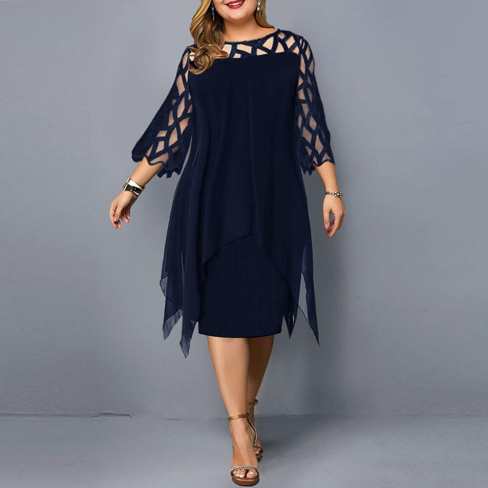 Damen Midikleid – Chiffon – Spitze – Asymmetrischer Saum – 3/4 Arm – Lockerer Schnitt