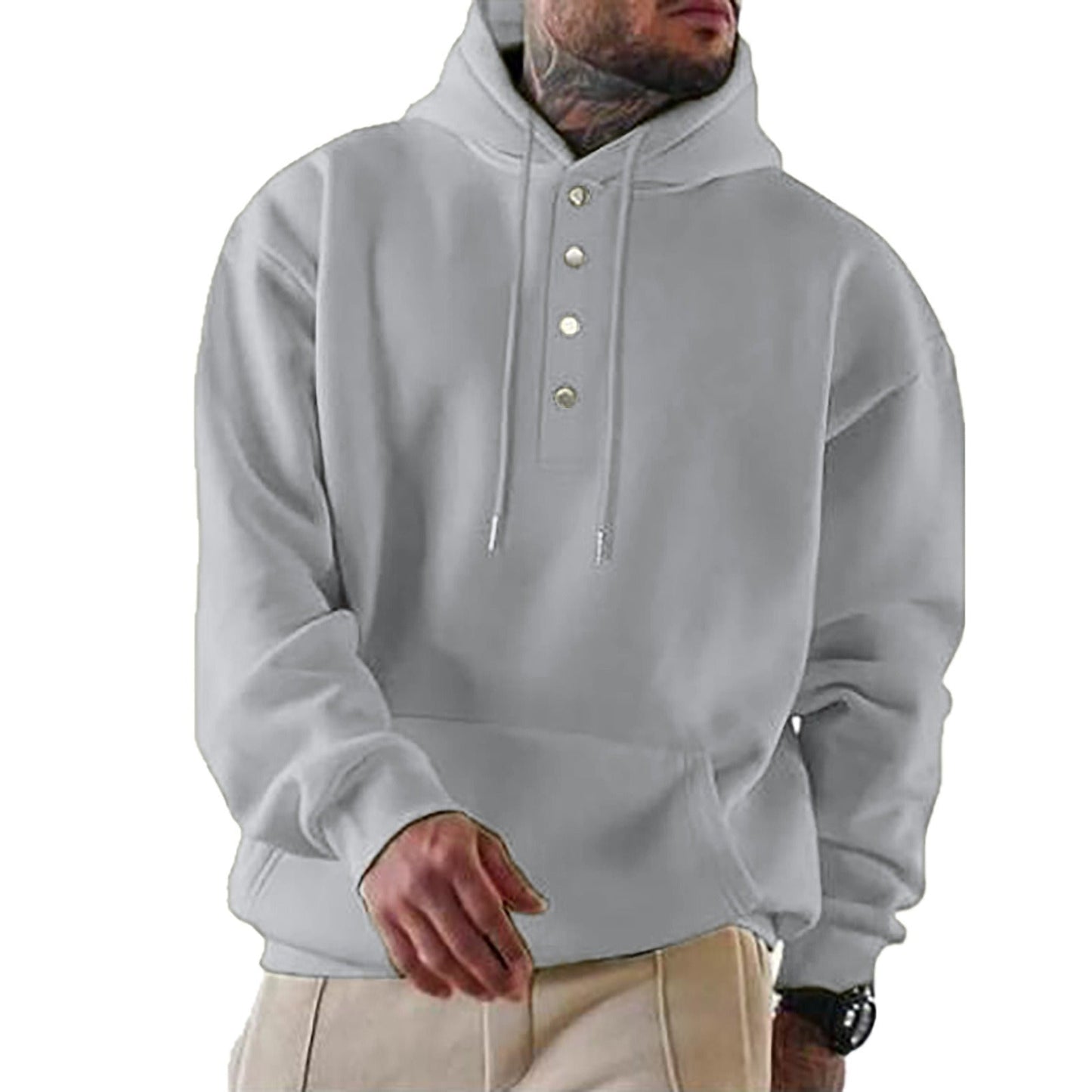 Herren Kapuzenpullover – Lockerer Schnitt – Fleece – Druckknopfverschluss – Alltag