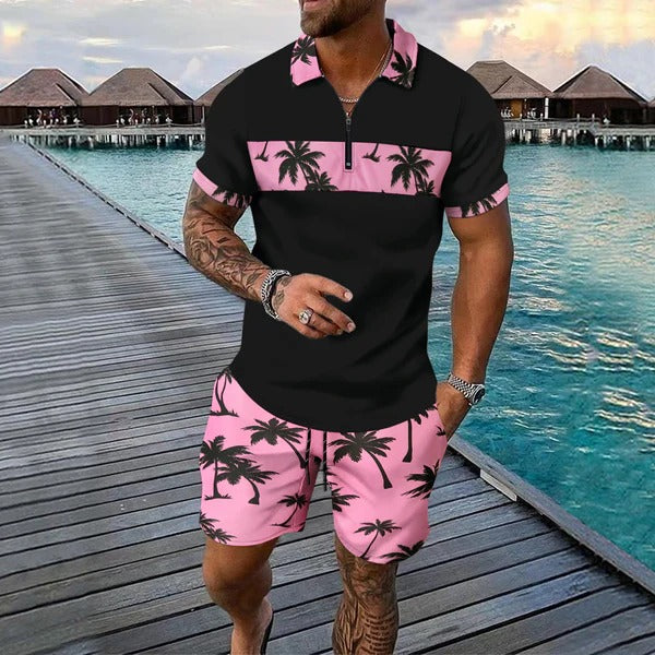 Herren Freizeitanzug – Tropical Muster – Zip-Poloshirt – Shorts mit Kordelzug