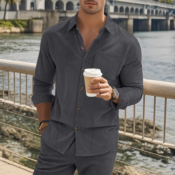 Herren Langarmhemd – Slim Fit – Baumwollgefühl – Gestreift – Knopfleiste