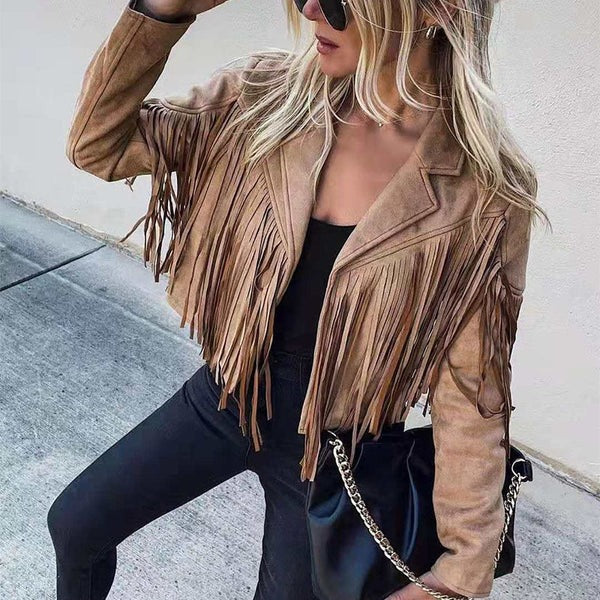 Damen Lederjacke – Taillierter Schnitt – Fransen Design – Hüftlanges Casual Modell