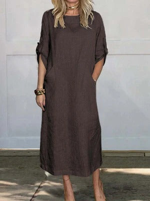 Damen Maxikleid – Linnen Stil – Lockerer Schnitt – Krempelärmel – Seitentaschen