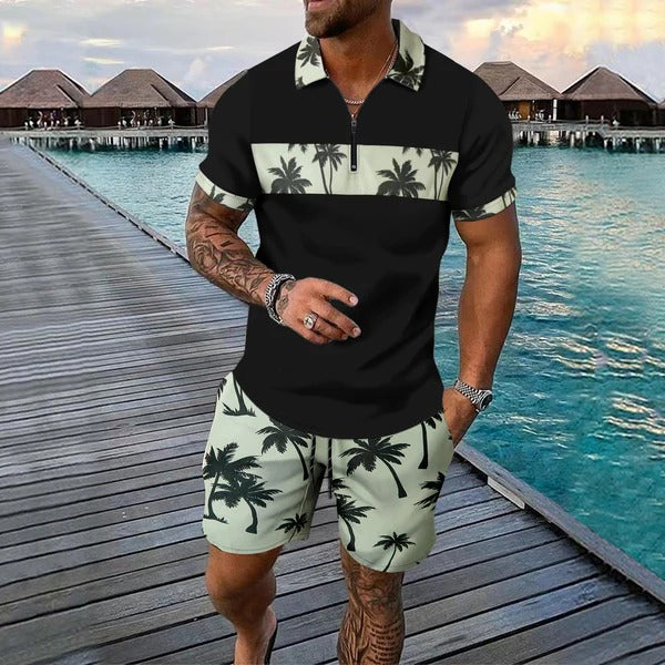 Herren Freizeitanzug – Tropical Muster – Zip-Poloshirt – Shorts mit Kordelzug