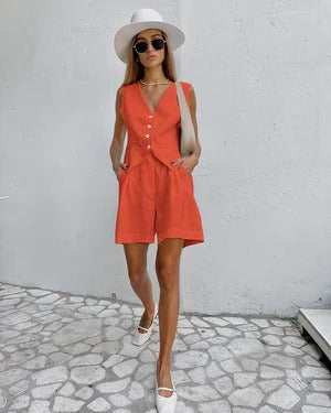 Damen Blazer Ärmellos – Linnen – Relaxed Fit – Tailliert – V-Ausschnitt – Knöpfe