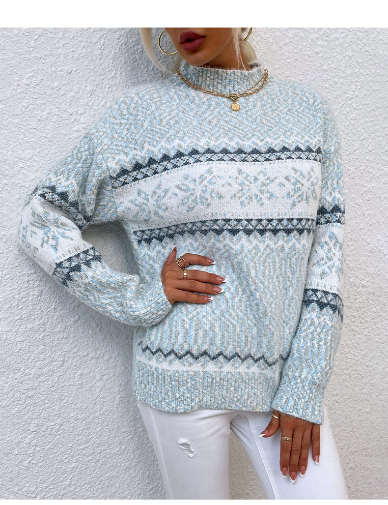 Damen Pullover – Wollstrick – Lockerer Schnitt – Schneeflockenmuster – Stehkragen