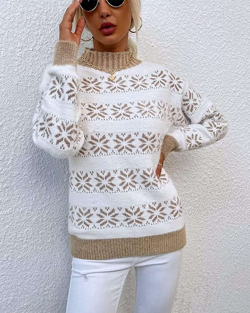 Damen Strickpullover – Wollmix – Lockerer Schnitt – Halber Rollkragen – Schneeflockenmuster