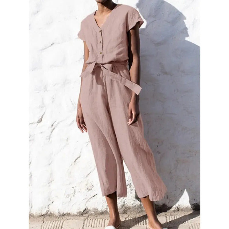 Damen Jumpsuit – Baumwollmix – V-Ausschnitt – Kurzarm – Bindegürtel – Culotte-Länge