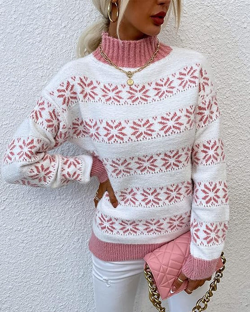 Damen Strickpullover – Wollmix – Lockerer Schnitt – Halber Rollkragen – Schneeflockenmuster