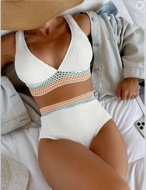 Damen Bikini Set – High-Waist Schnitt – Gerippte Struktur – Netzdetails – Blickdicht