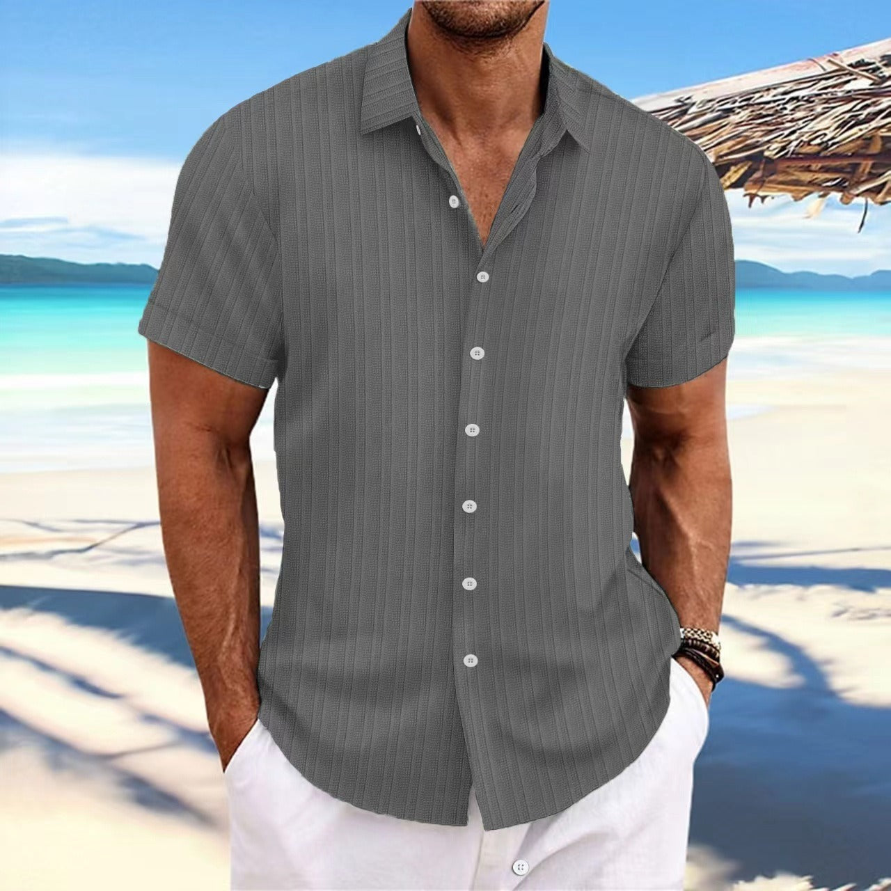 Herren Kurzarmhemd – Relaxed Fit – Jacquardstruktur – Knopfleiste
