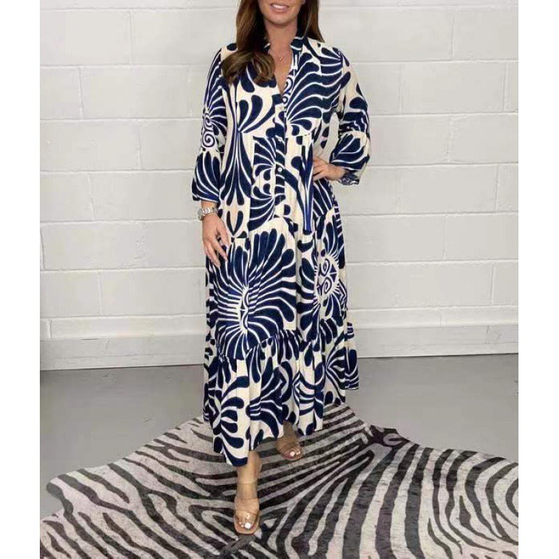 Damen Midikleid – Lockerer Schnitt – V-Ausschnitt – Falten – Bedruckt – 3/4-Arm