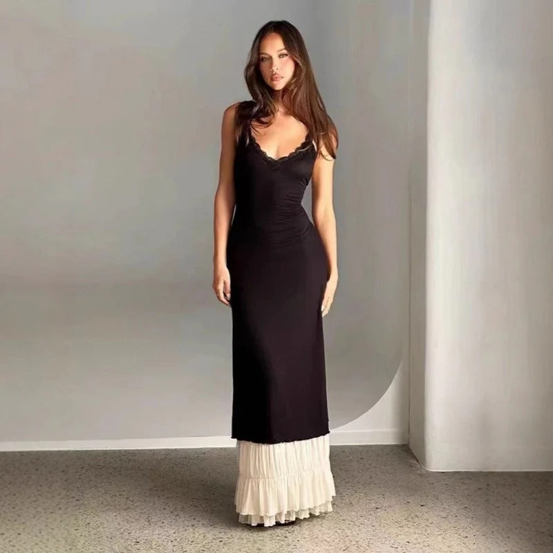 Damen Maxikleid – Slim Fit – Spitzenbesatz – Volantsaum – Ärmellos Elegant