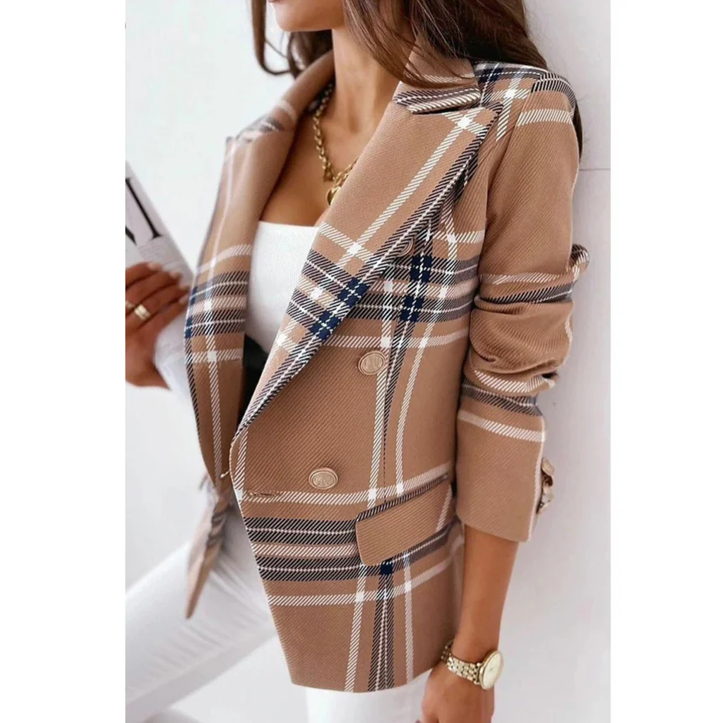 Damen Blazer – Tailored Fit – Doppelreihig – Gestreift – Hüftlang – Reverskragen