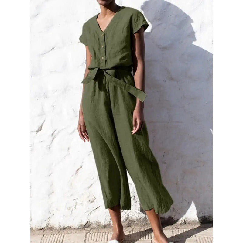 Damen Jumpsuit – Baumwollmix – V-Ausschnitt – Kurzarm – Bindegürtel – Culotte-Länge