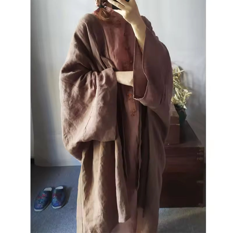 Damen Langmantel – Offene Front – Lockerer Schnitt – Linnen Cotton – Maxilänge