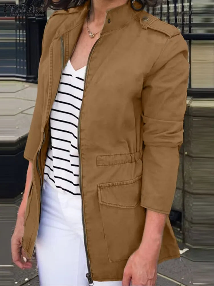 Damen Cargo Jacke – Relaxed Fit – Cotton – Stehkragen – Reißverschluss – Taschen