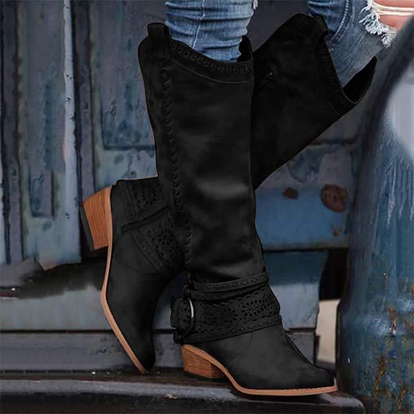 Damen Stiefel – Kniehoch – Strukturierte Passform – Stickerei & Schnallenriemen