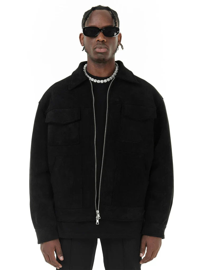 Herren Jacke – Oversized Fit – Veloursoptik – Reißverschluss – Brusttaschen