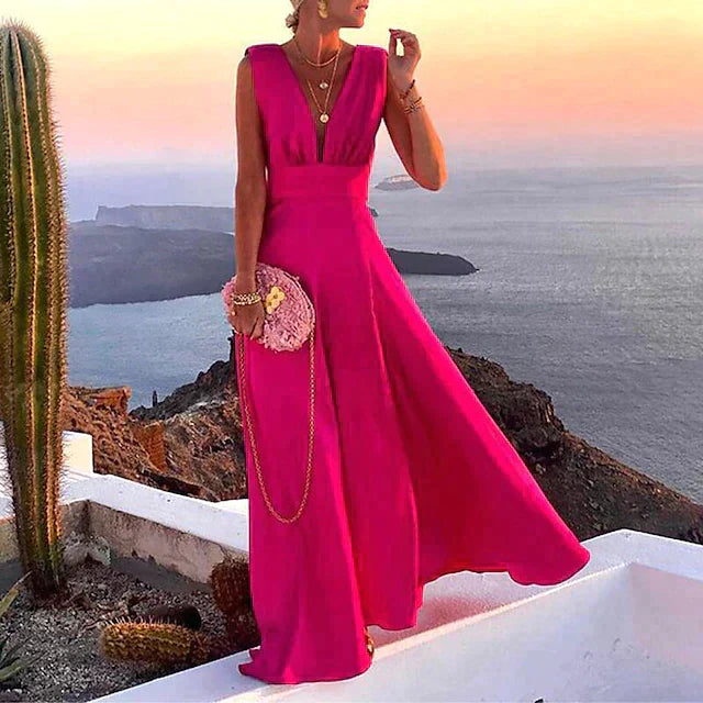 Damen-Maxikleid – Fließender Schnitt – Ärmellos – Tiefer V-Ausschnitt – Blumenmuster – Atmungsaktive Mischung
