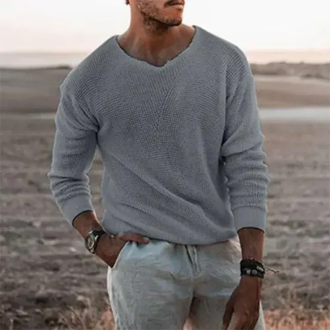 Herren Pullover – Lockerer Schnitt – Weiches Strick – V-Ausschnitt – Rippbündchen