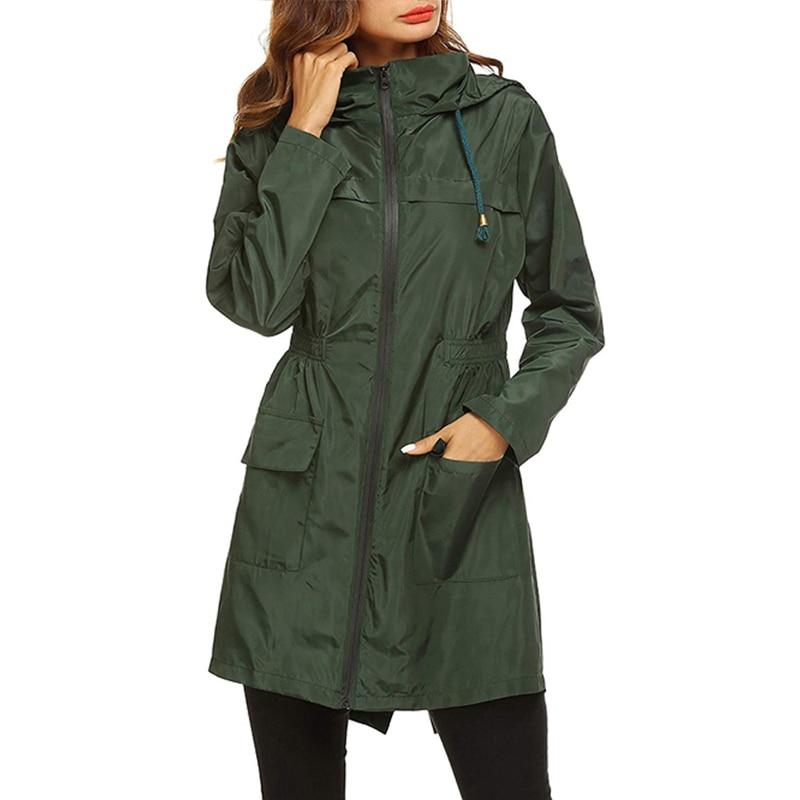 Damen Regenjacke – Wasserabweisend – Verstellbare Taille – Kapuze – Mittellang – Leicht