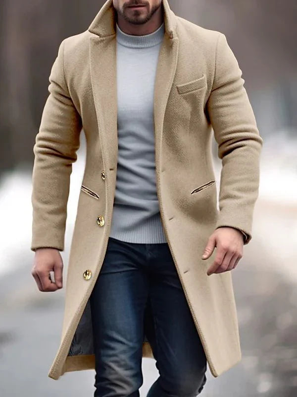 Herren Mantel – Wollmix – Taillierter Schnitt – Knielang – Knopfverschluss – Lappenkragen