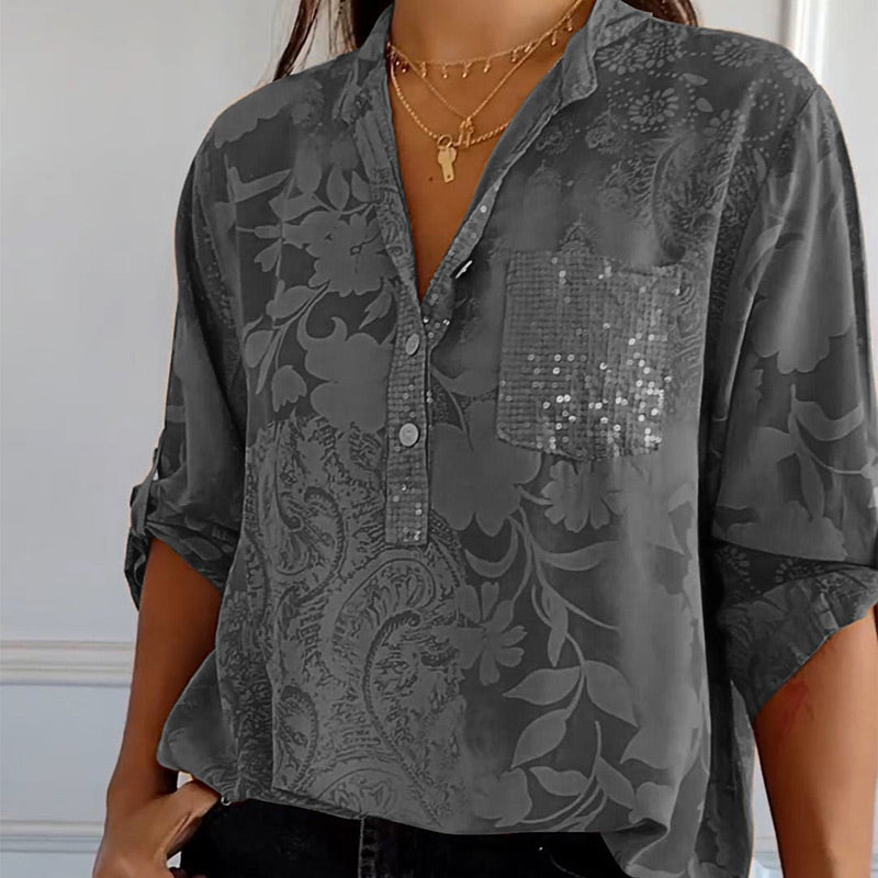 Damen Bluse – Lockerer Schnitt – Atmungsaktives Gewebe – Florale Jacquardstruktur