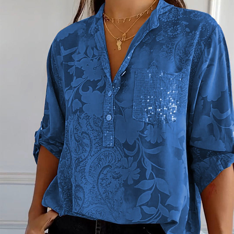 Damen Bluse – Lockerer Schnitt – Atmungsaktives Gewebe – Florale Jacquardstruktur