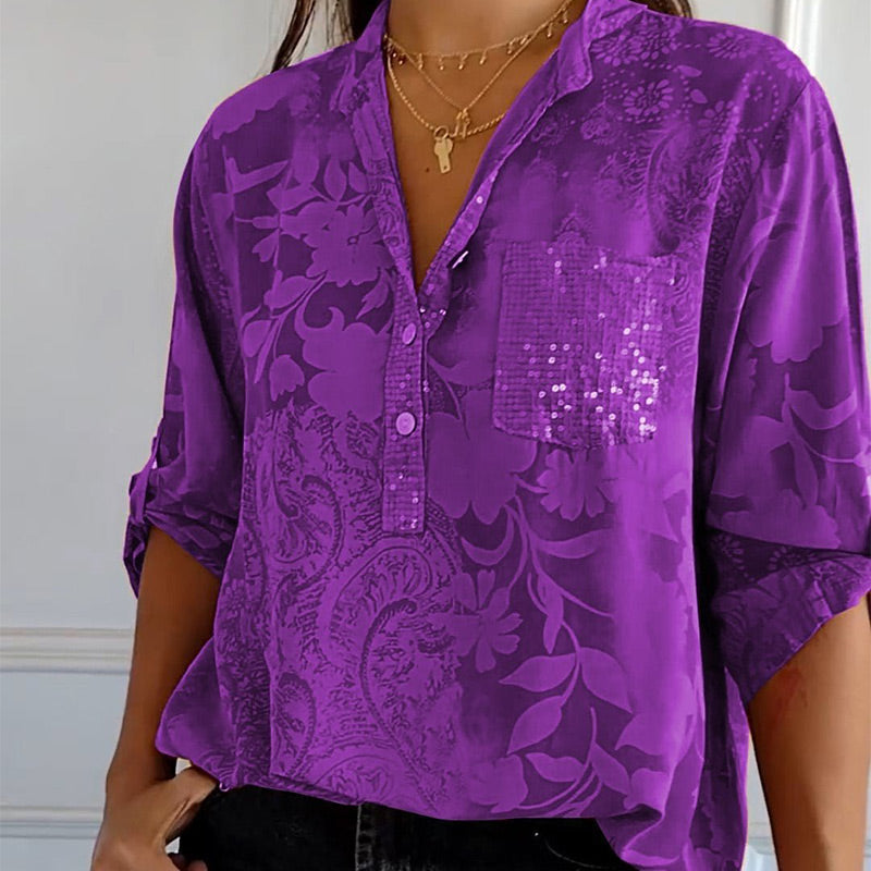 Damen Bluse – Lockerer Schnitt – Atmungsaktives Gewebe – Florale Jacquardstruktur