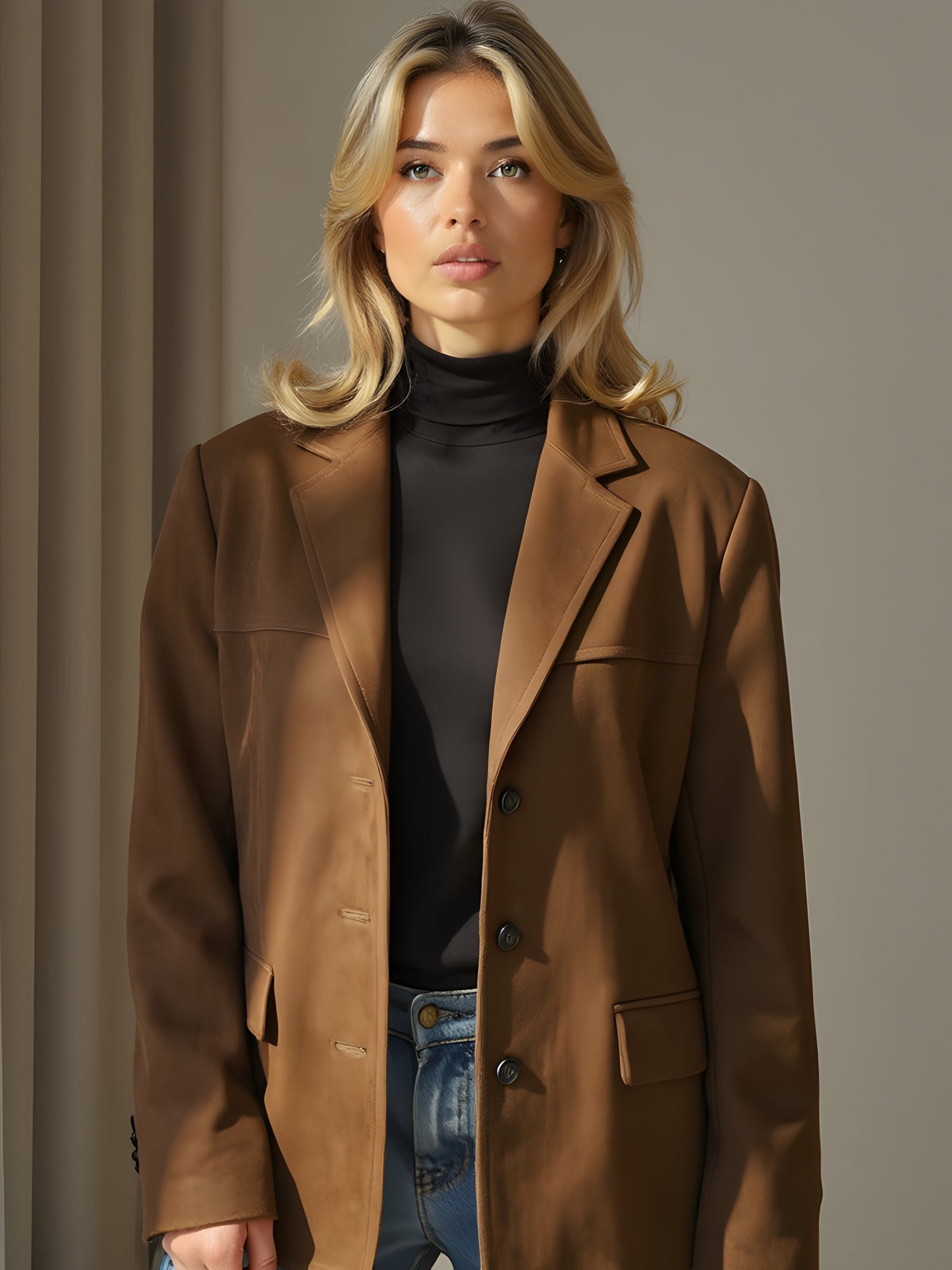 Damen Jacke – Taillierter Schnitt – Luxusstoff – Einreiher mit Revers – Hüftlang