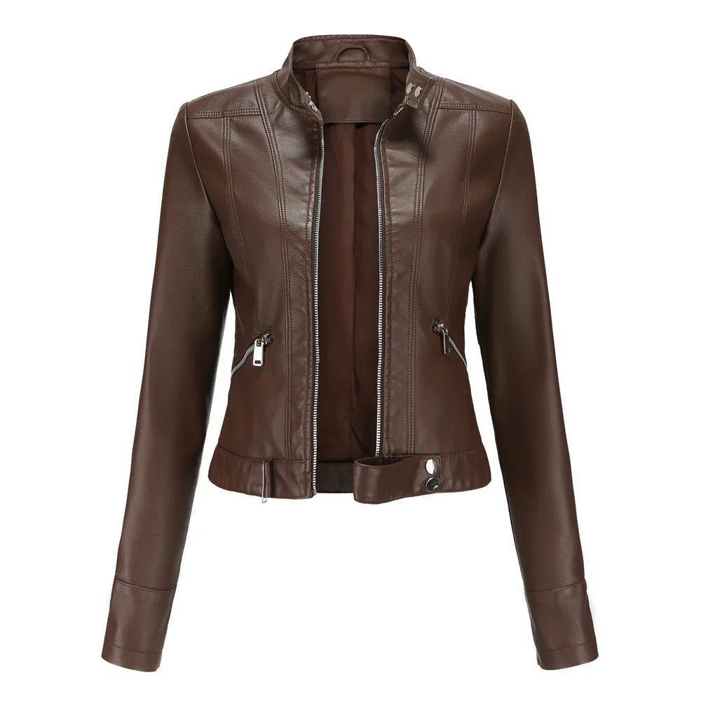 Damen Lederjacke – Slim Fit – Zipperfront – Stehkragen – Taillenlänge – Ziertaschen