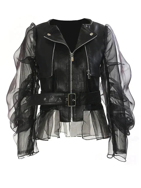 Damen Lederjacke – Figurbetont – Gürtelverschluss – Transparente Volantärmel