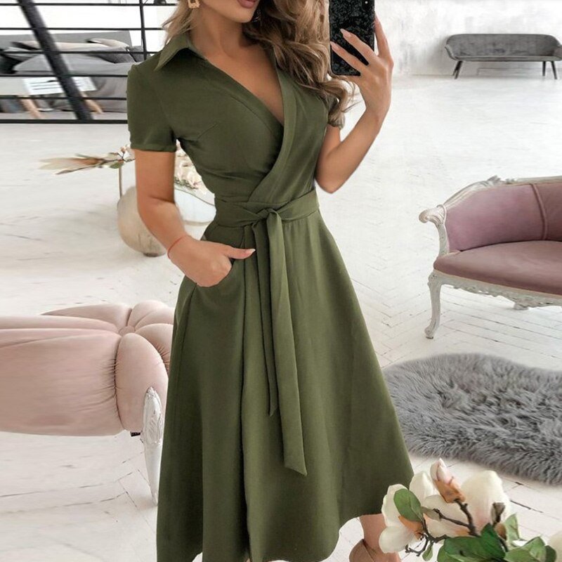 Damen Midikleid – Wickelstil – Gürtelbund – Kurzarm – Atmungsaktives Gewebe