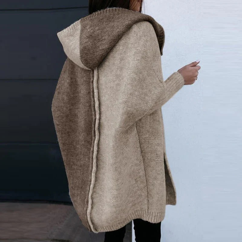 Damen Cardigan – Oversized Passform – Wollmix – Offenes Patchwork-Design mit Kapuze